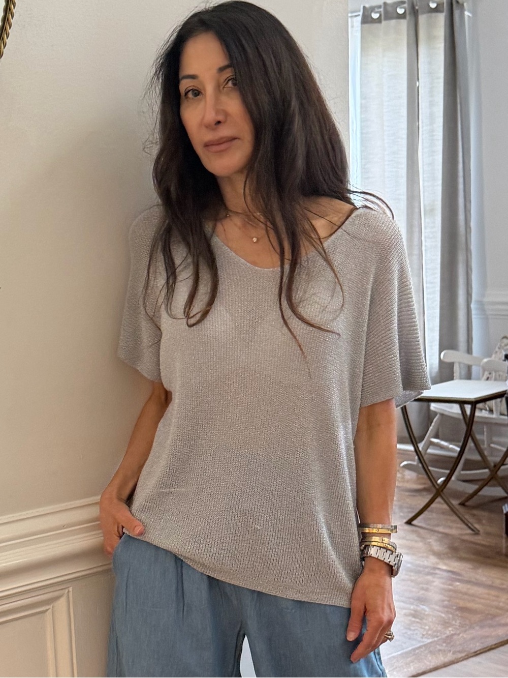 MADE IN ITALY Light Gray Shimmery Knit Top